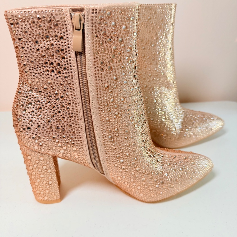 * Berness Rose Gold Ankle Boots With Rhinestone Embellishments 3" Block Heel - Picture 3 of 8